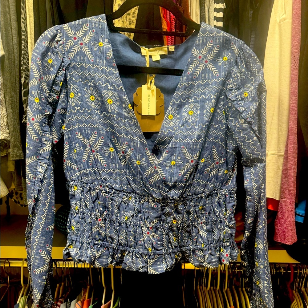 Anthropology Forever that Girl NWT; patterned V Neck ruched blouse